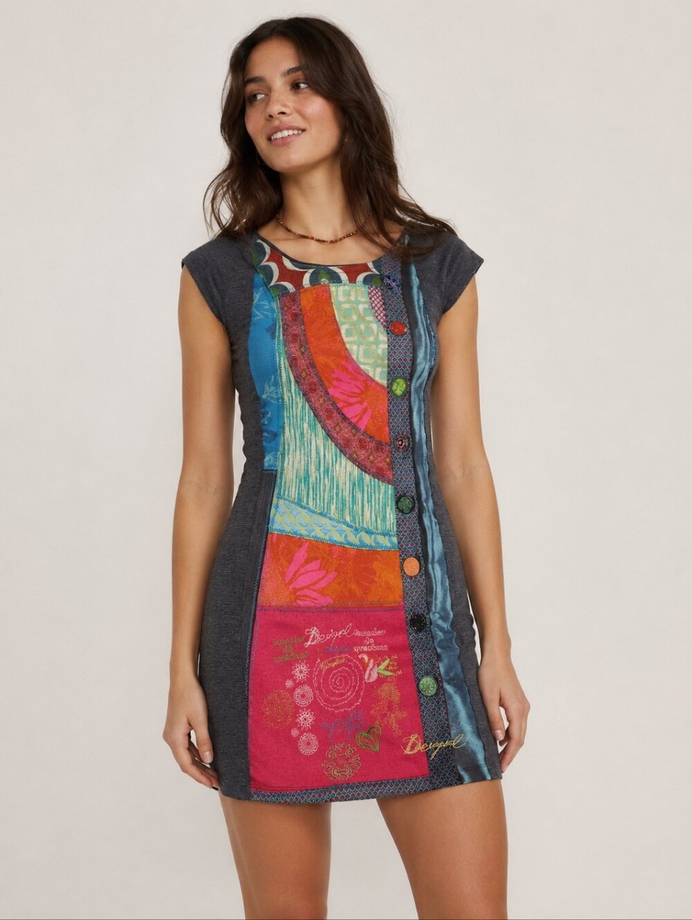 Desigual Y2K Gray Cap-Sleeve Dress with Pink & Orange Patchwork Panel